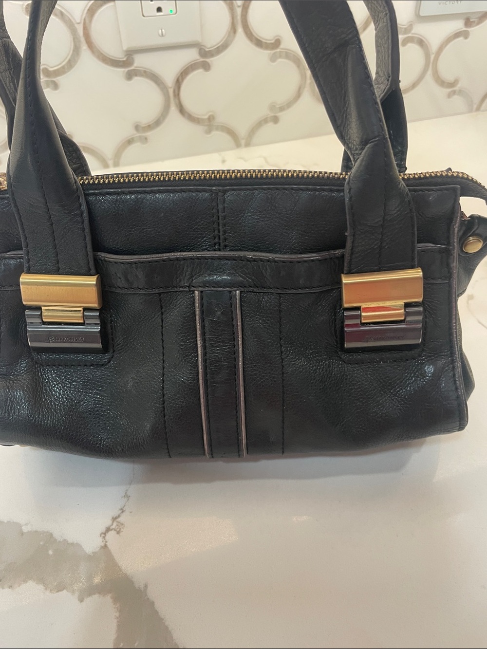 b. makowsky Black Leather Shoulder Bag with Gold Hardware - Picture 4 of 15